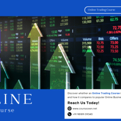 Promotional banner for Coursocean’s Online Trading Course featuring stock market charts, trading graphs, and learning visuals.