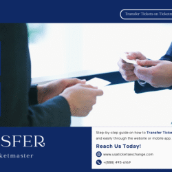 Two people exchanging event tickets with USA Tickets Exchange branding, illustrating how to transfer tickets on Ticketmaster safely and easily.