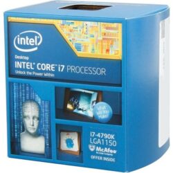 Alt text: Box packaging for Intel Core i7-4790K processor (LGA1150 socket), featuring the Intel logo, "Unlock the Power Within" slogan, and surreal artwork with a classical bust and floating thought bubble.