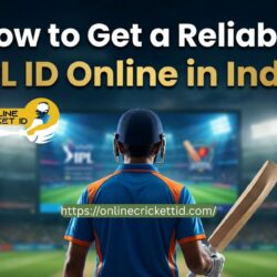 A cricket player in a stadium stands with a bat, facing the field. The text reads, "How to Get a Reliable IPL ID Online in India." The scene is vibrant and action-focused